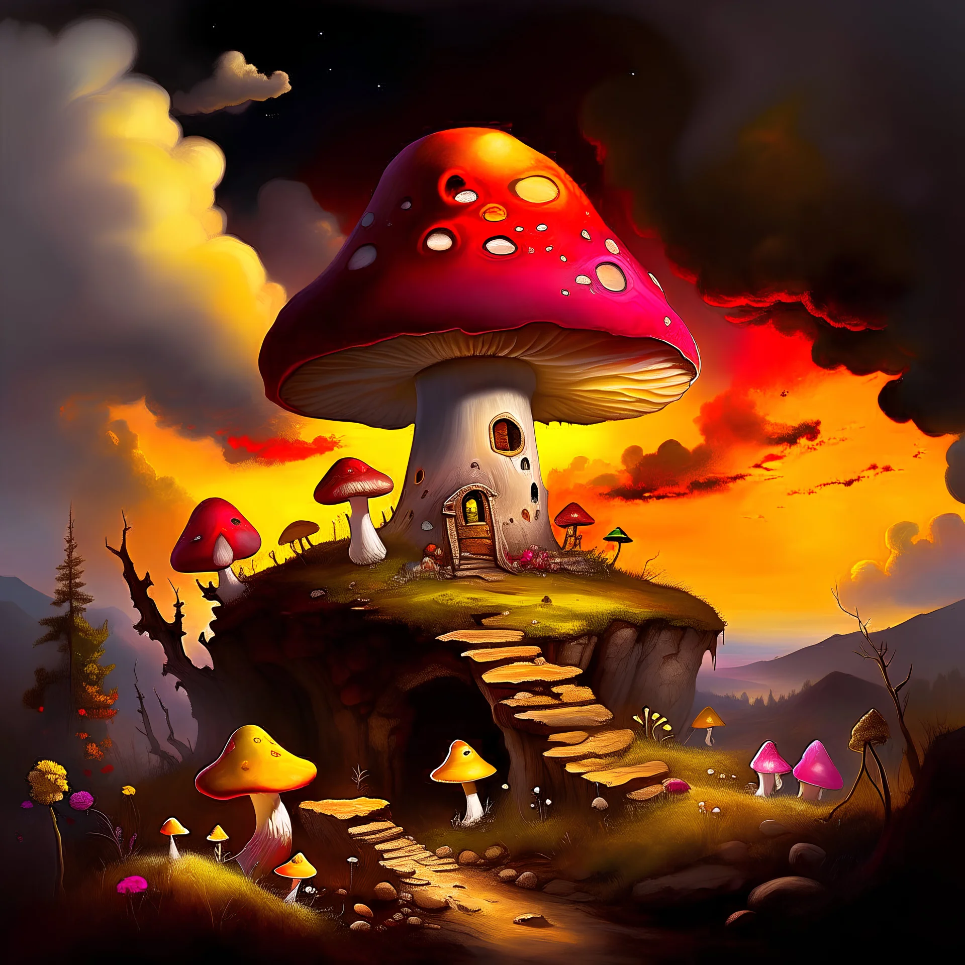 A rustic white, yellow and red (((mushroom house))) perched atop a (tall geologic pillar), surrounded by a ((( rainbow haze ))), offset by the subtle hues of an (dark space scape), within. captured by the hand a skilled master painter with a focus on (hard bold compositions and voluminous lighting).detailed matte painting, deep color, fantastical, intricate detail, splash screen, exaggerated colors, fantasy concept art, 8k resolution