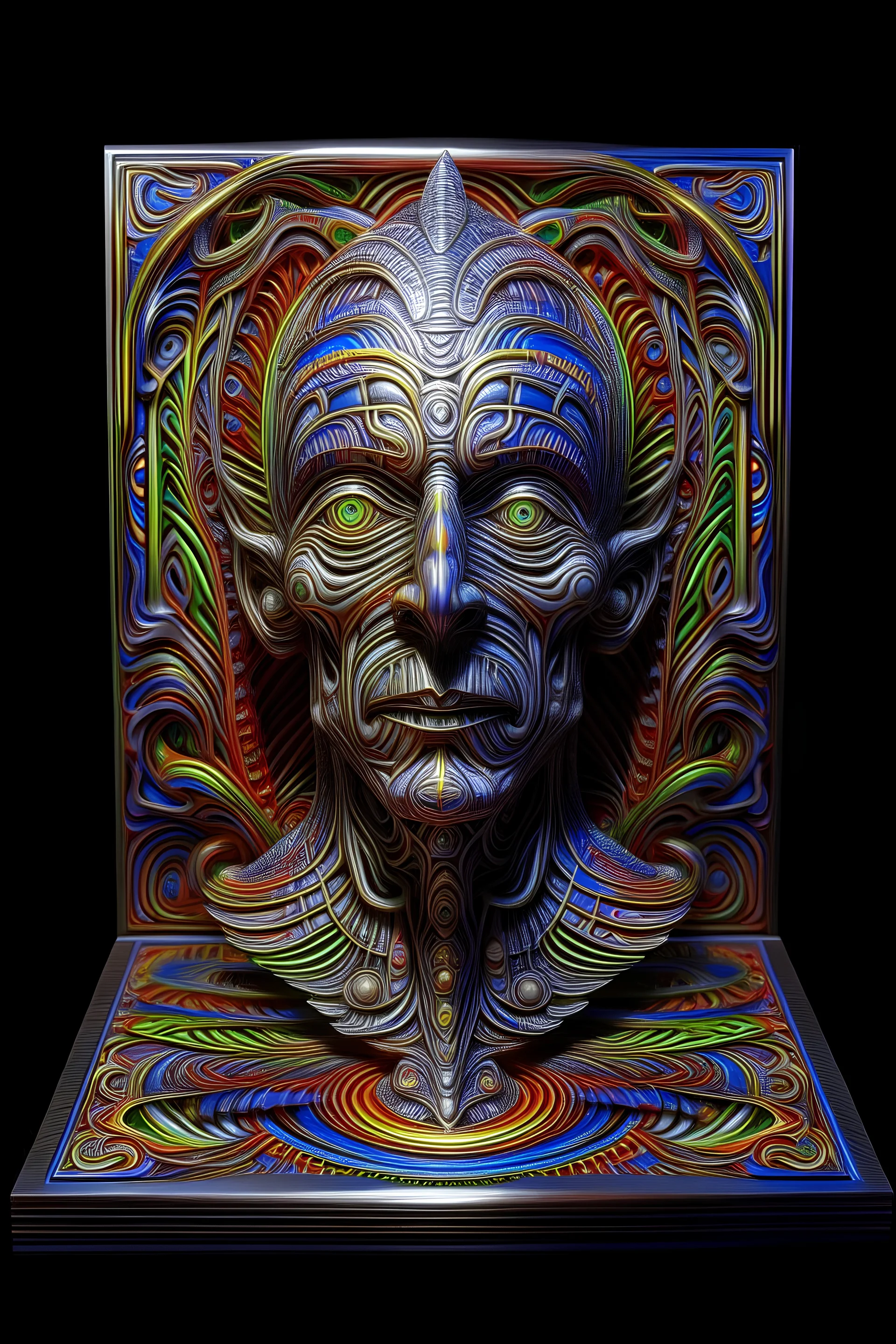 psychedelic detailed sculpture by alex grey, behavior, psychedelic art, hallucination, high detail, hypnosis -a steel asia portrait ,tribe, standing on pedestal