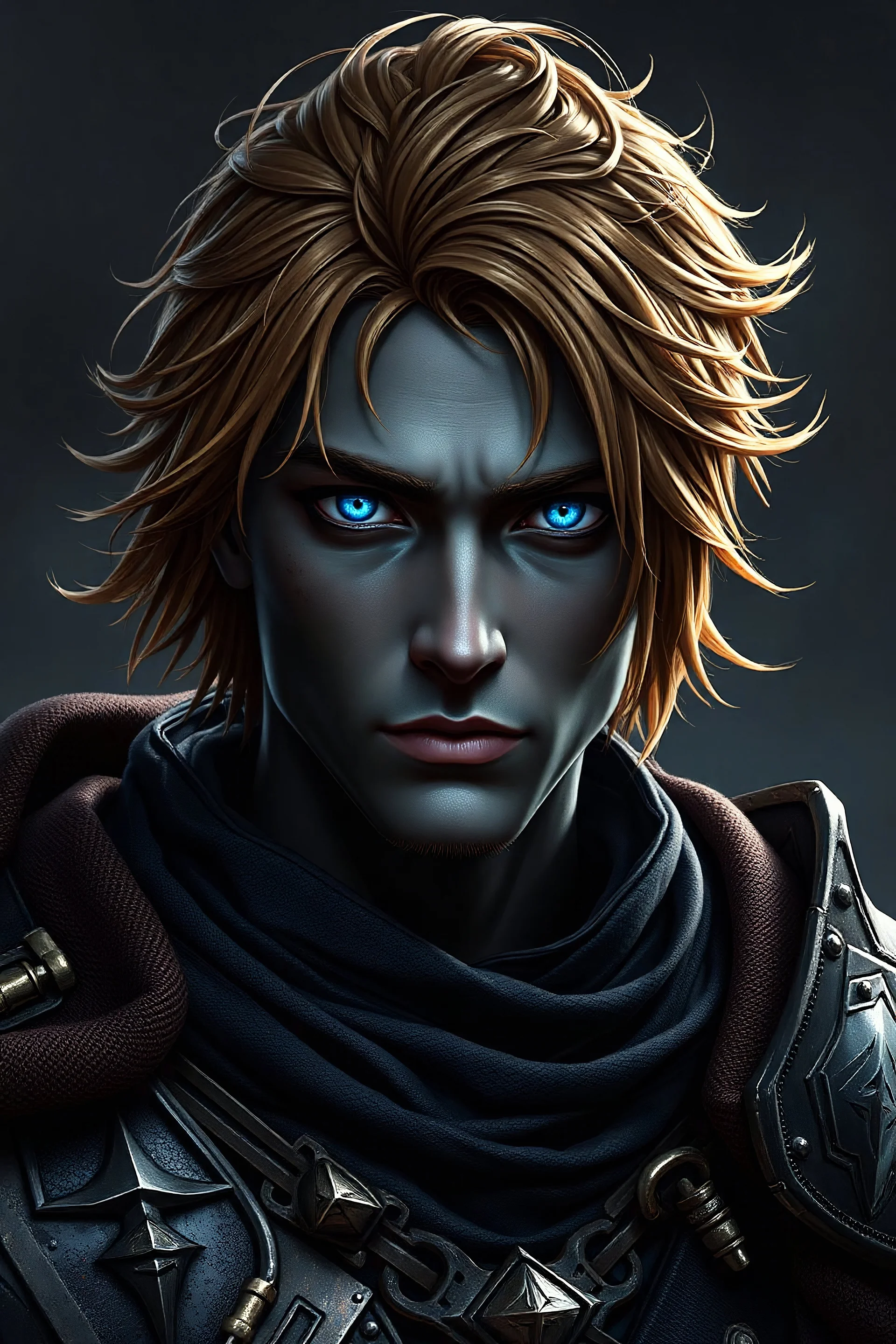 Male Earth Genasi Eldritch Knight with metallic bronze hair and dark grey skin and blue eyes