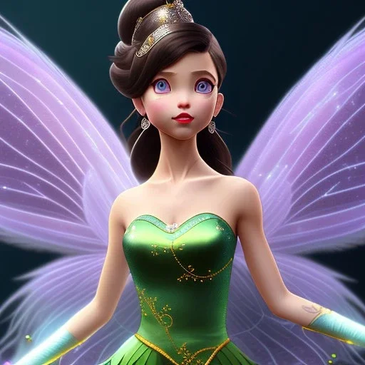 Tinker Bell fairy,detailed eyes, disturbed expression.intricate detaile,thnically accurate face, intricate head dress,intricate fairy dress, detailed hair, detailed feathers,fairy wings use dynamic palette, accurate proportions, high contrast black smokey bokeh background.korra character style.