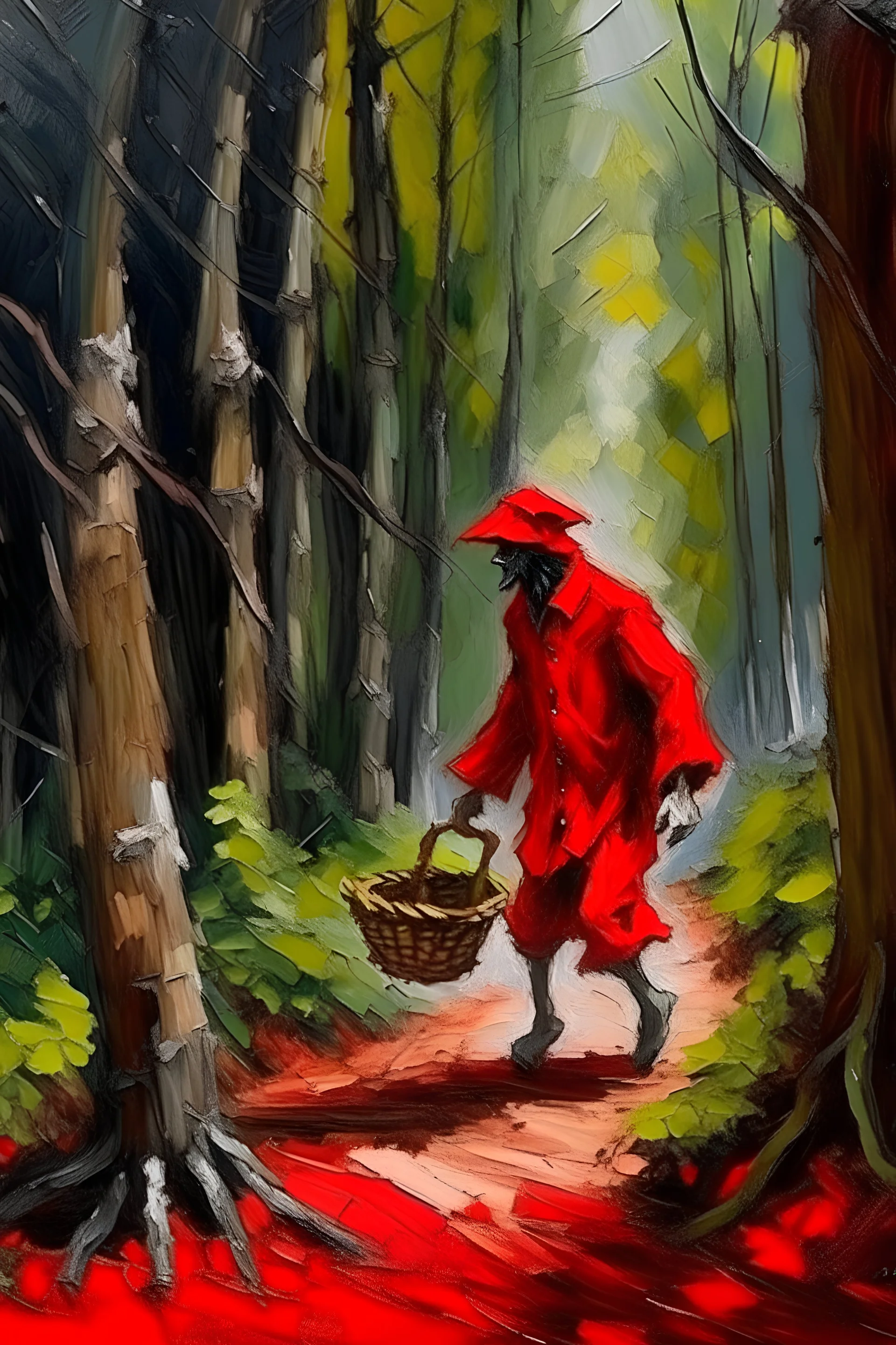 Escena de caperucita roja caminando por el bosque con su canasta colgando de su brazo y se encuentra con el lobo, al estilo Monet.