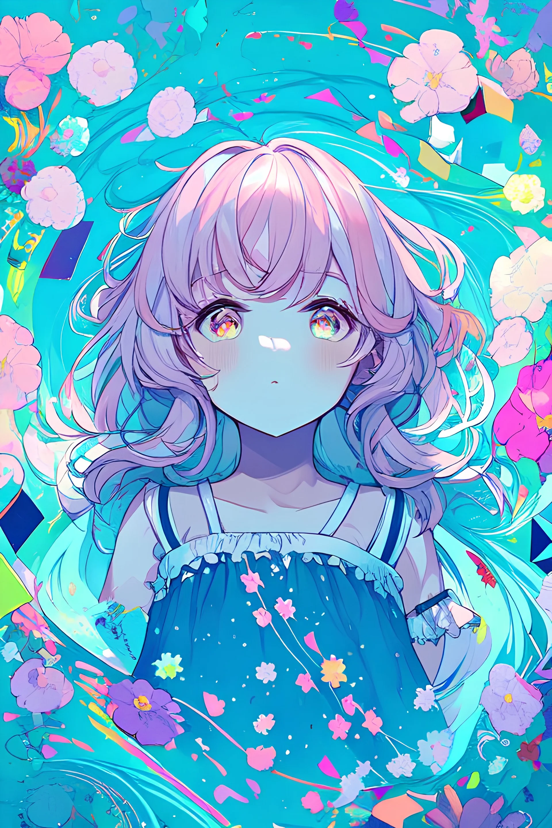 Create a heartwarming digital portrait of a young woman with a playful and innocent demeanor, featuring light pink hair cascading down in soft curls. The setting is a lush meadow with colorful wildflowers swaying in the gentle breeze. The woman should wear a cute sundress, adorned with delicate floral patterns that complement her hair color. Her eyes should reflect curiosity and joy, and she might be holding a basket filled with vibrant flowers, spreading smiles wherever she goes. Let the overal