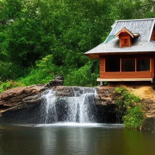 turtle and waterfall and house