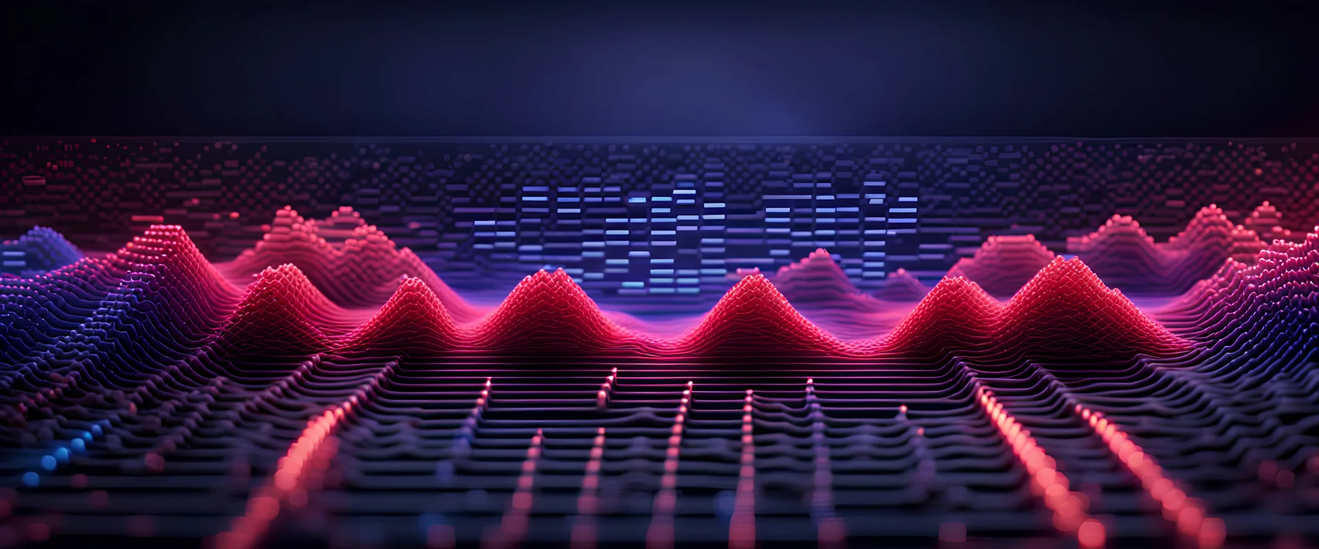 8 Bits Musical Wave , Pixel Art Box Sound Wave, (Blue to Red gradient color on horizontal ) LED network lines , Realistic 3D Render, Macro, mesh, wave network, geometric, Nikon Macro Shot, Kinetic, Fractal, Light Led Points, Generative, Neural, Computer Network, Connections,