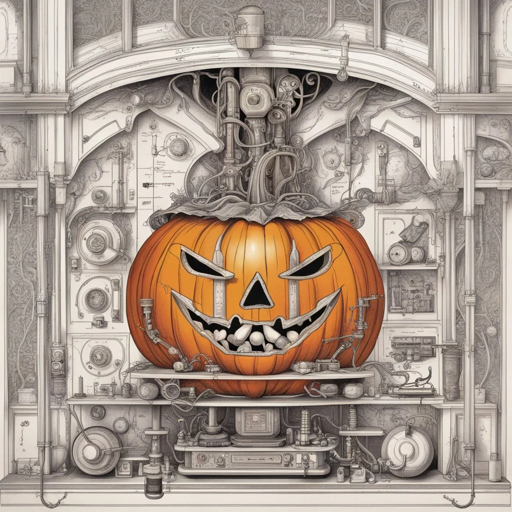 Cutaway schematics of Halloween Pumpkin jack-o-lantern, diagnostic technical illustration manual; by Tim Burton; hyperreal; deep vibrant rich orange, black, and red color scheme; fine ink illustration, intricate complex detail, whimsical.