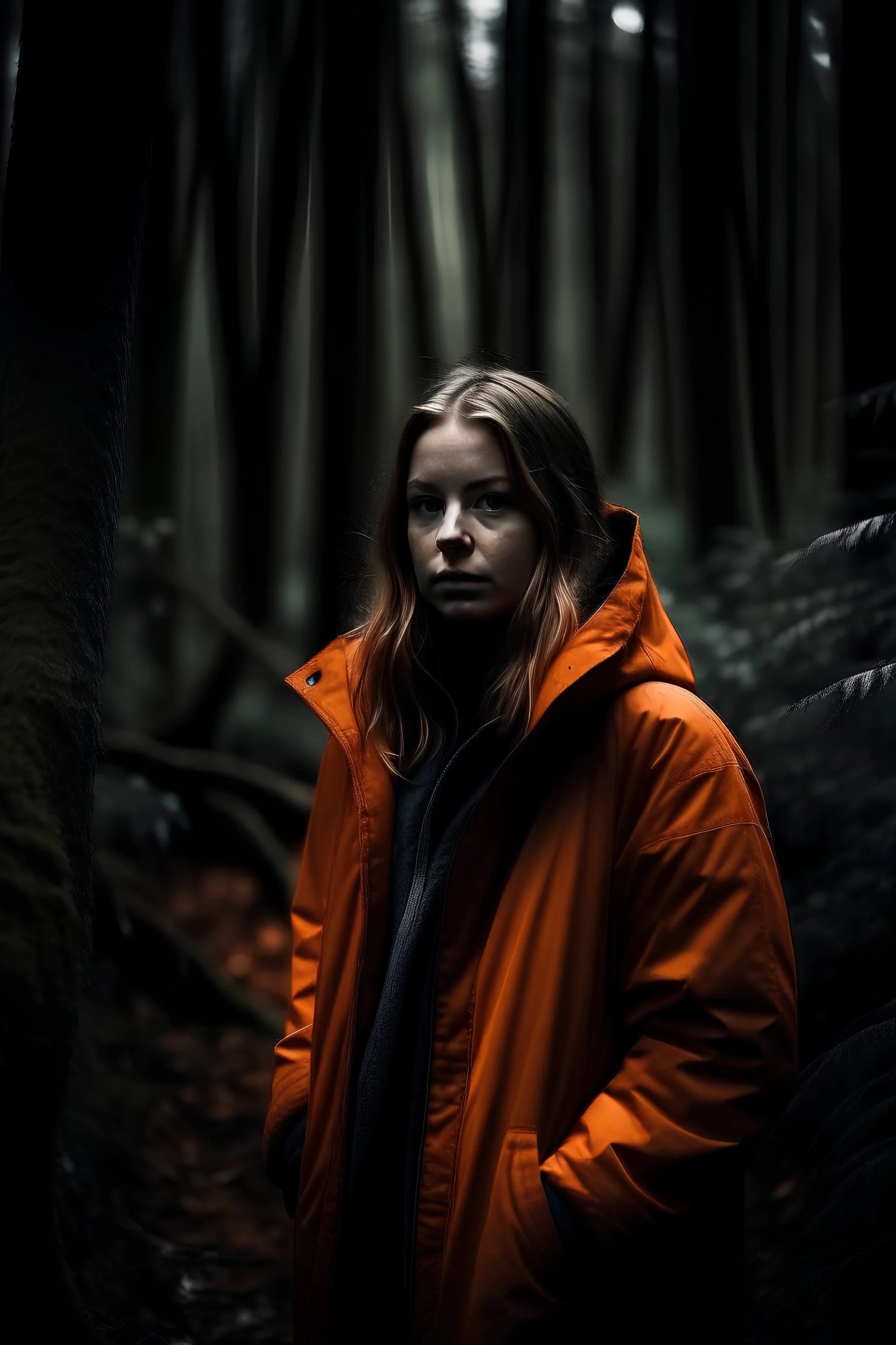 dark moody forest with beautiful girl in orange jacket