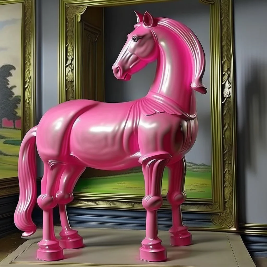 Big pink plastic toy horse.19th painting