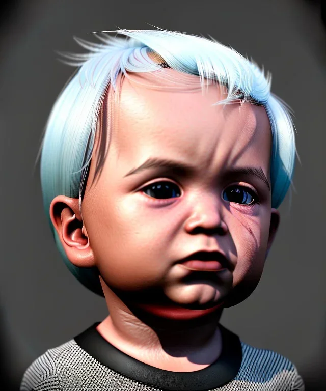 Pedro almodovar toddler, full body, white hair, diagonal shirt, dramatic lighting, hyper realistic