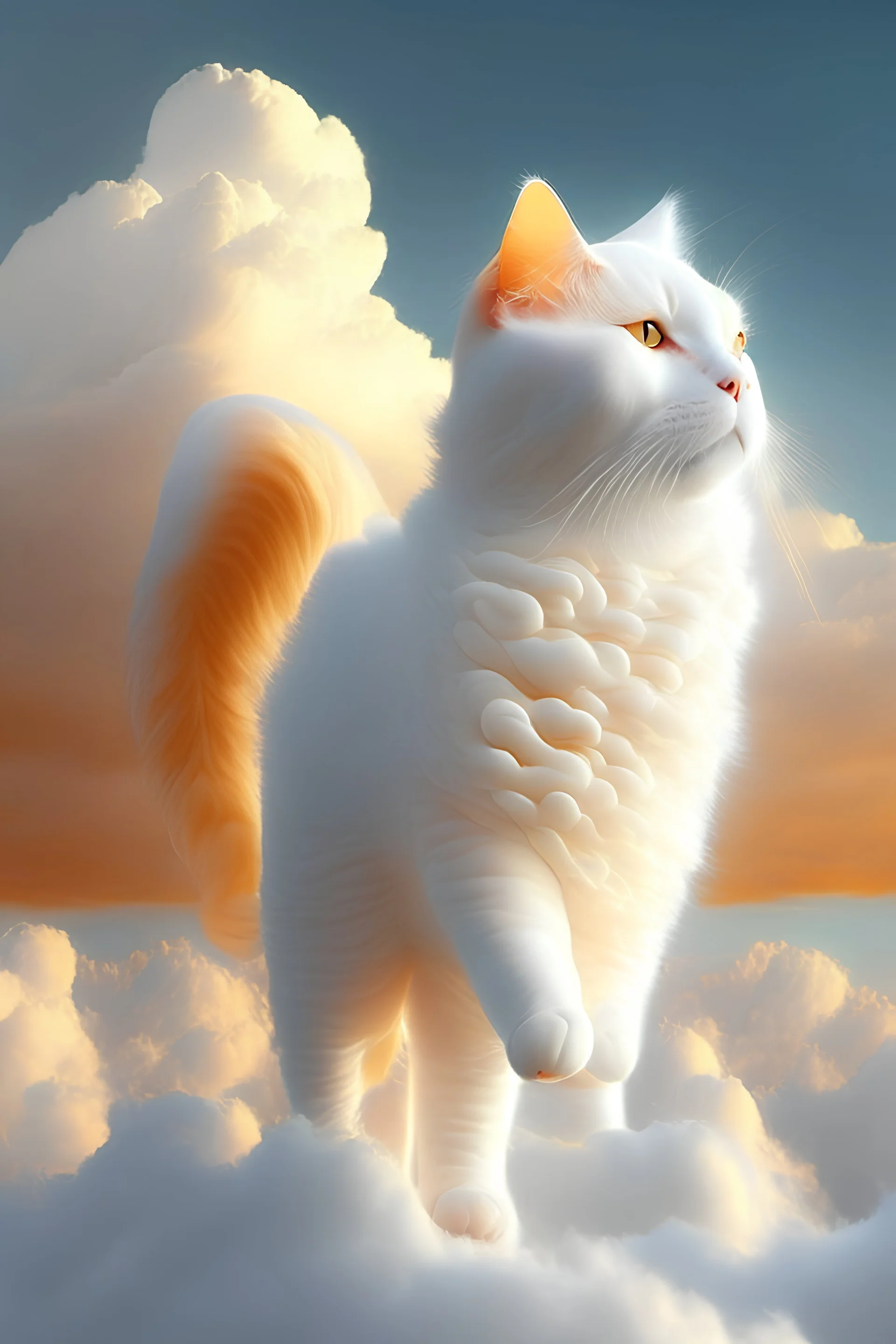 A white cat has soft feathers walking on clouds and the sky is orange
