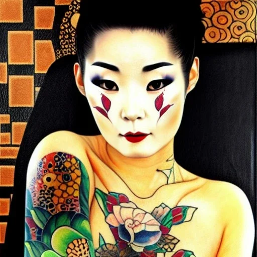 dibujo al oleo de cuerpo entero de una mujer Yakuza bella con tatuajes estilo Gustav Klimt