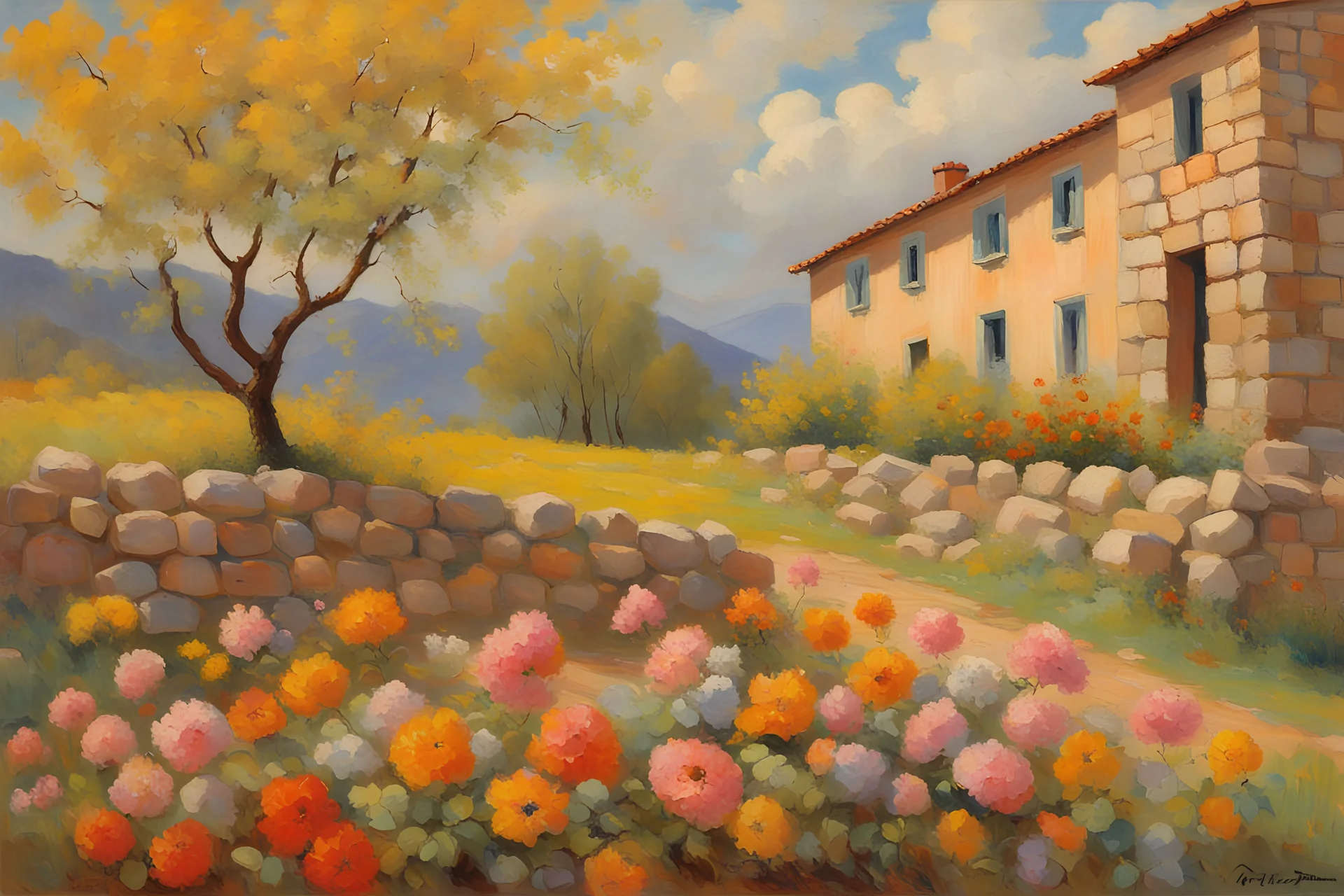 sunny day, clouds, epic mountains, stone wall, flowers, spring trees, spring influence, rocks, distant house, very epic, fernand toussaint, otto pippel, and henry luyten impressionism paintings