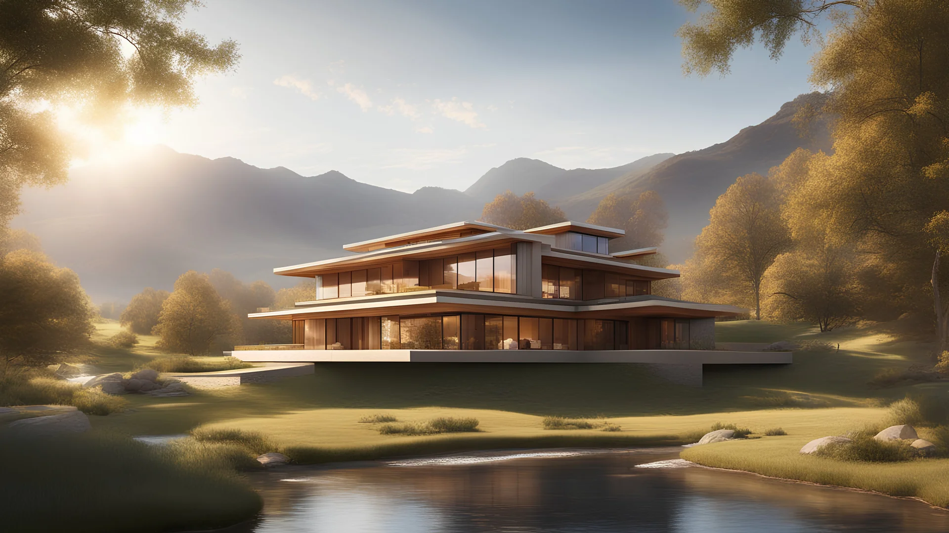 beautiful house, perfect architecture, style Frank Lloyd-Wright, rural environment, sunshine, volumetric lighting, trees, river, distant mountains, award-winning photograph, photorealism, superb details, light and shade, beautiful composition, attractive, peaceful, exquisite