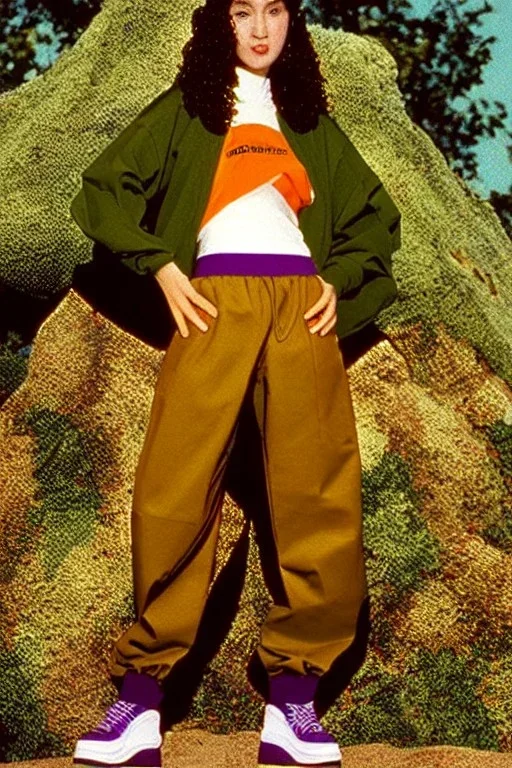 year 1994 women fashion. "summer combat suit trouser" with low waist, baggy, Combat pants, t-shirt and interesting hoodie with high tippet integrated to bolero. Colors: denim blue, blue, purple, khaki, "light, bright green", lilac, plum, orange, terracotta, red, pink, dark blue, beige. Women models. Starling pattern prints.Jennifer Lopez, Gwyneth Paltrow, . Big tennis shoes on. Cargo pants.