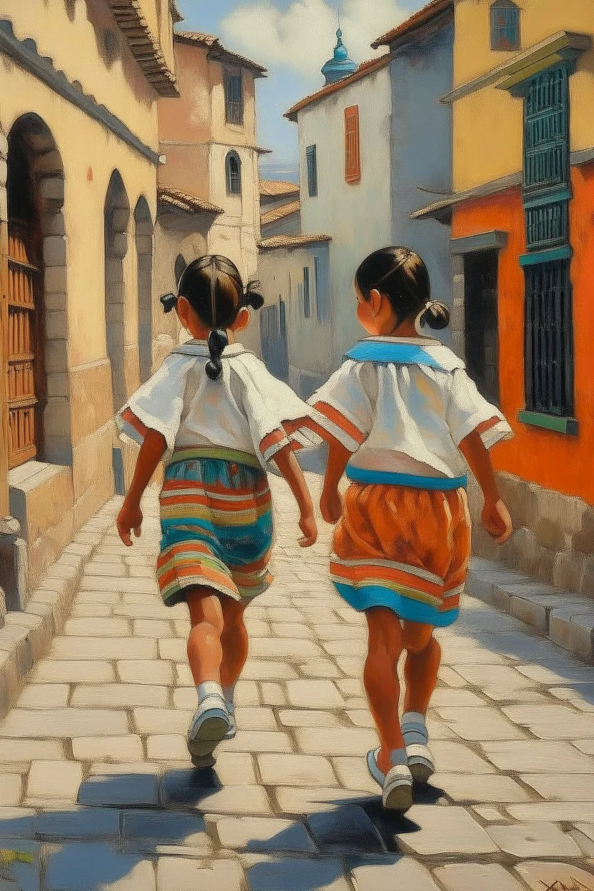 2 maxican childeren running traditional clothes painting neoclassism in a traditional mexican city from the back