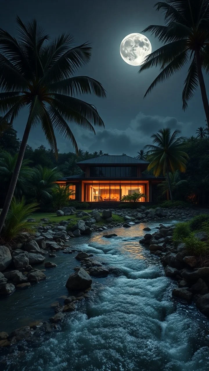 Close-up photo from the front straight. A modern design house beside a winding rocky river below and two large coconut trees on the left and right zoom distance from the front. Even the gothic day the moonlight shines. Bright lighting.