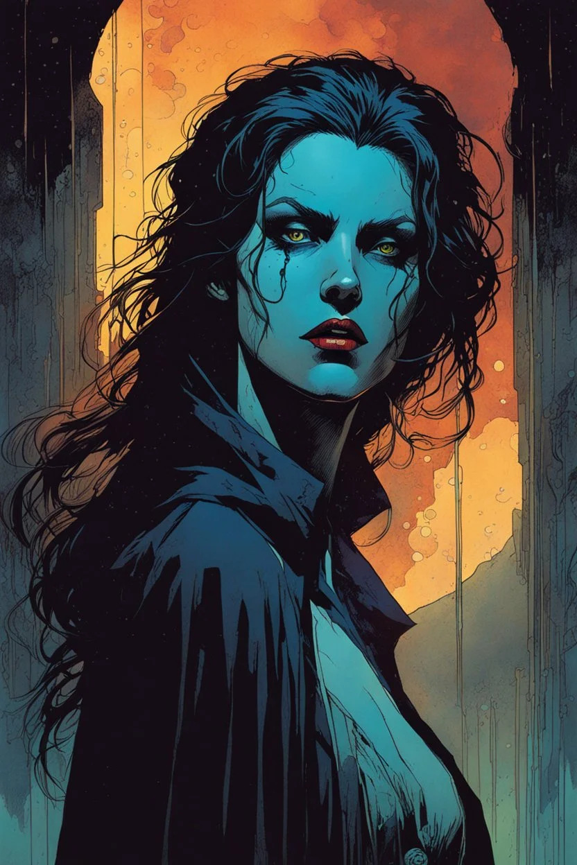 create a hardened, vampire girl in the comic book art style of Mike Mignola, Bill Sienkiewicz and Jean Giraud Moebius, , highly detailed,, grainy, gritty textures, , dramatic natural lighting