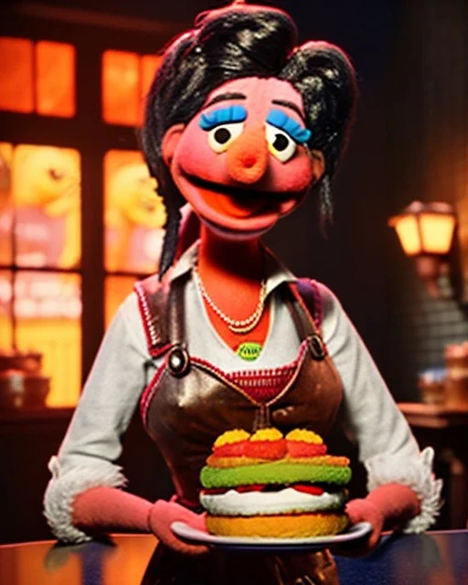 waitress woman with Sesame Street muppet mask-head, concept art, retro style, smooth, unreal engine 5, god lights, ray tracing, RTX, lumen lighting, ultra detail, volumetric lighting, 3d.