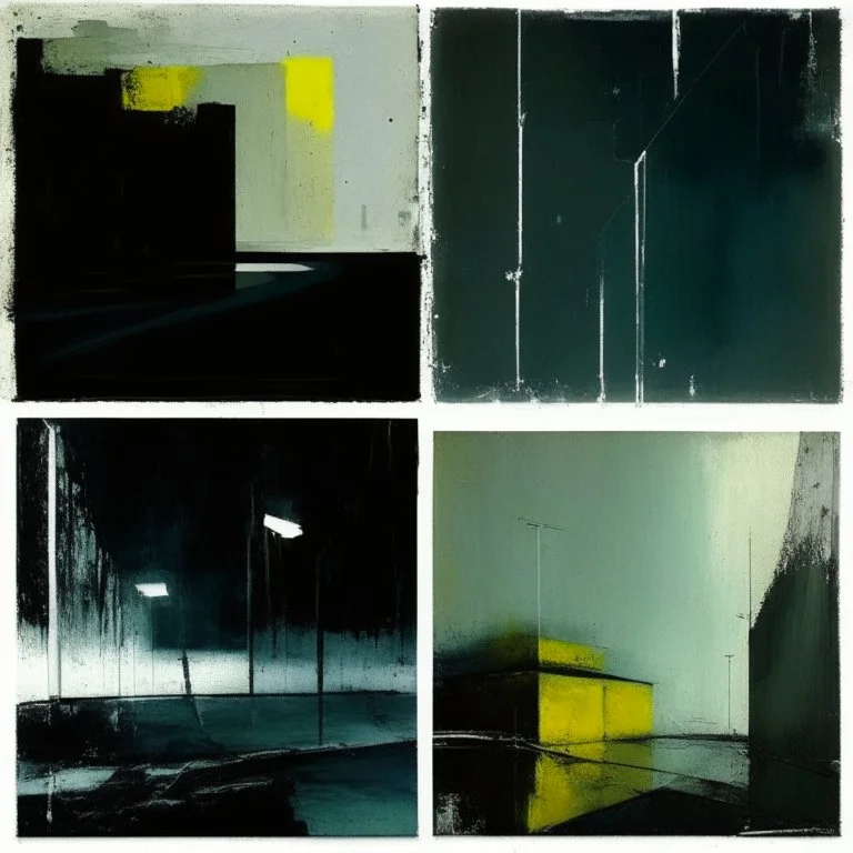 Minimal abstract oil paintings of a desolate concrete 1960s carpark. Road with distant Blurry lights. On the floor are concrete fragments and road markings . In the dark mysterious style of Justin Mortimer and Francis Bacon.