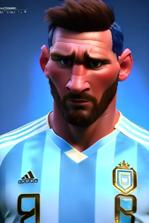 Realistic Messi Argentina soccer player Portrait, mid shot view, concept art, art station, 3d, photo studio, blue clean background, unreal engine 5, ray tracing, RTX, lumen lighting, ultra detail, volumetric lighting.