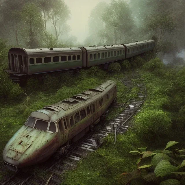 an abandoned train on tracks overgrown by nature with large puddles of water flooding part of tracks, 8k resolution, high-quality, fine-detail, intricate, digital art, detailed matte, volumetric lighting, illustration, 3D octane render, brian froud, howard lyon, selina french, anna dittmann, annie stokes, lisa parker, greg rutowski