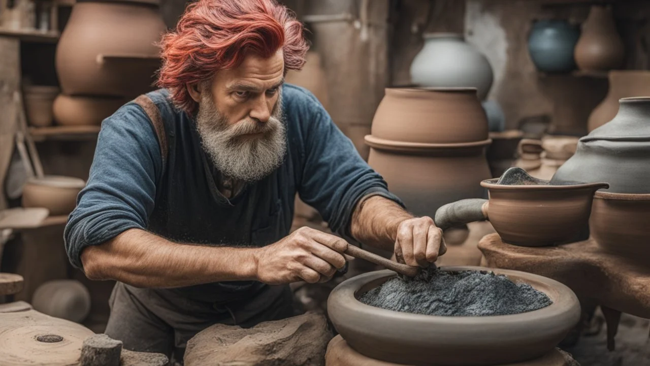 A brilliant potter with wild colored hair and beard at a potter's wheel, making a pot, 8k, high quality, trending art, trending on artstation, sharp focus, studio photo, intricate details, highly detailed, by tim burton