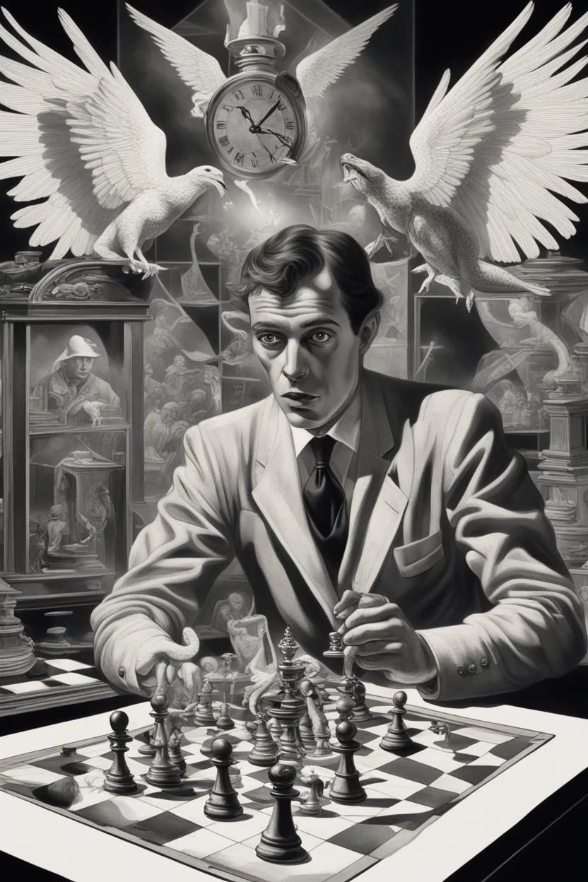 news paper journalist harlequin playing burning chess reptiles on racing field with a confused look on his face in front of a huge glass prism clock with angels, in the style of Escher