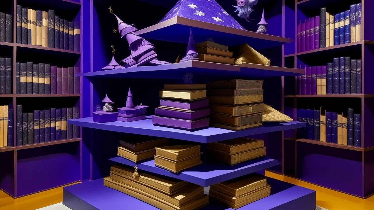 A purple witch's magical library with floating books designed in Japanese origami painted by Karl Wiener
