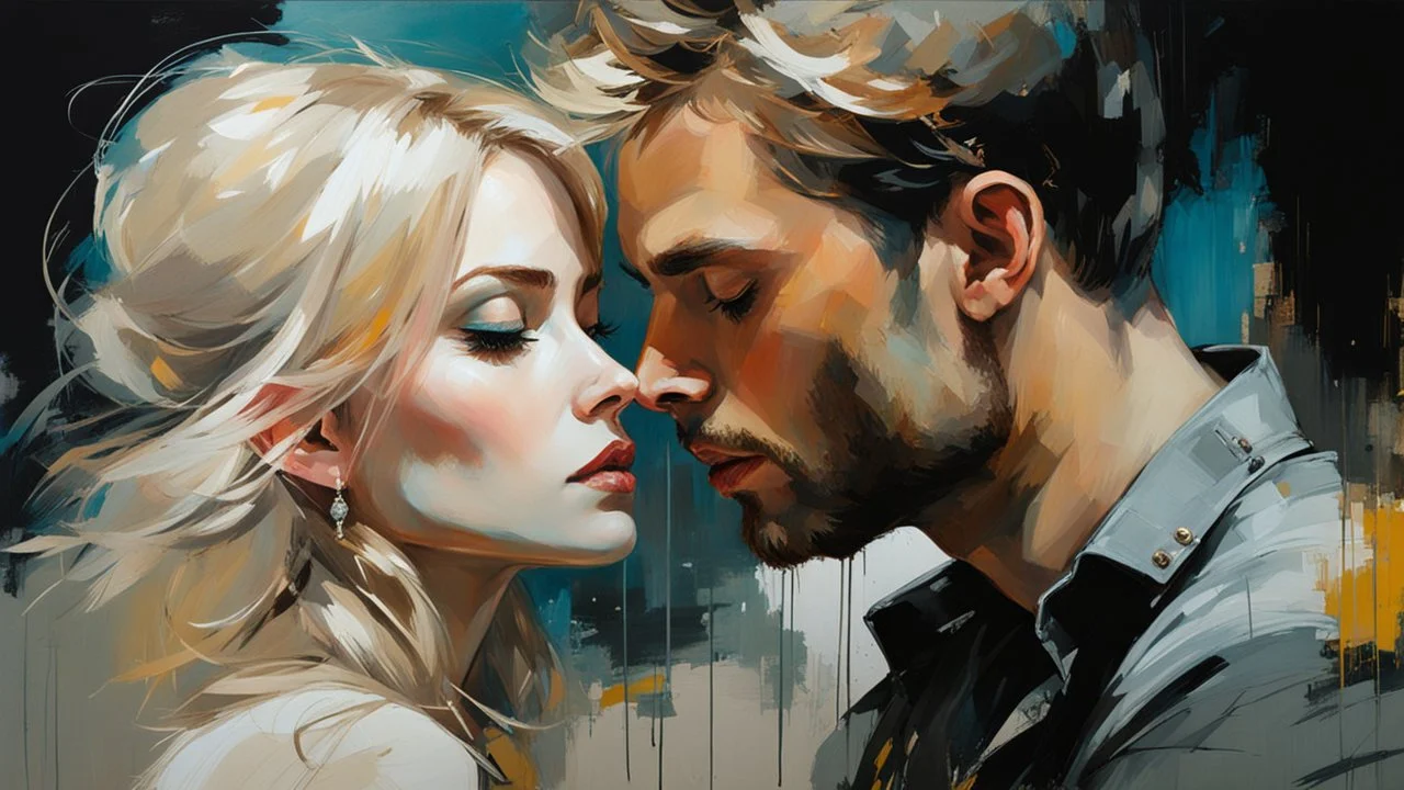 Blonde Pale Very Thin Scandinavian Woman 30yo, Big Eyes, Long Eyelashes And Eye Shadow, on steve Roger's lap kissing :: by Robert McGinnis + Jeremy Mann + Carne Griffiths + Leonid Afremov, black canvas, clear outlining, detailed