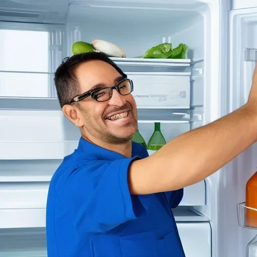 Refrigerator repairman with eye glasses is smiling and working on the big refrigerator