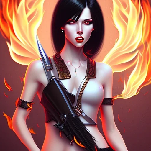 black hair lady hunter short top with fire