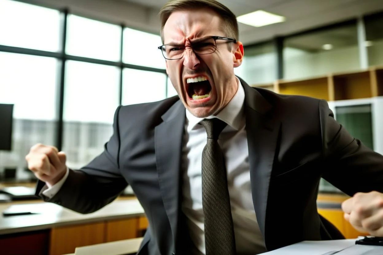 corporate man in office i screaming at employees. Swedish looks. Sign with the text "ICA" in red letters in the background. No tie.