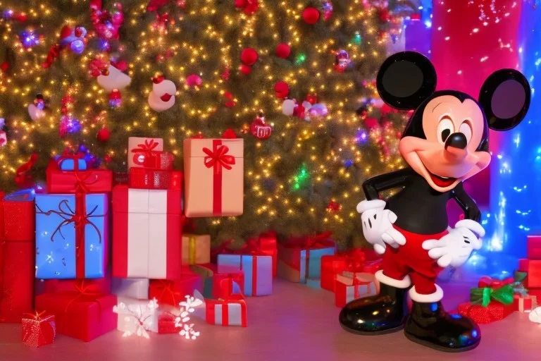 mickey mouse wishing me "Merry Christmas" with lights and decorations