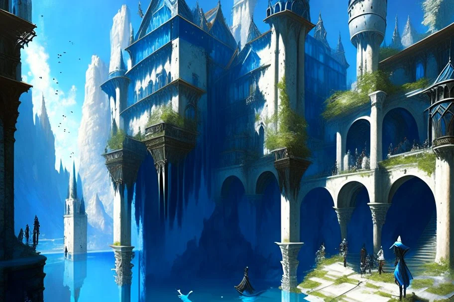 medieval buildings with balconies overhanging lake edge with blue sky and people, photorealism, fantastical, intricate detail, splash screen, concept art