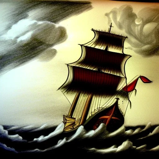 Dibujo de un Galeón español en una tormenta con estilo de Rafael Sanzio