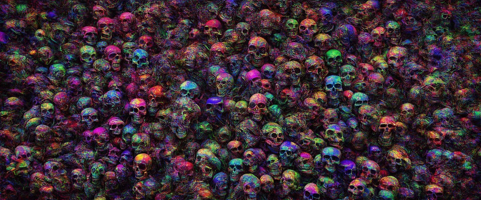 a field of 1000s of psychedelic psilocybin induced anatomically correct, skulls, vivid RANDOM BRIGHT neon colors, dark comedy, well lit, high detail, photorealistic, horrorcore, fun, scary, none featured, each a different color or hue, close to anatomically correct