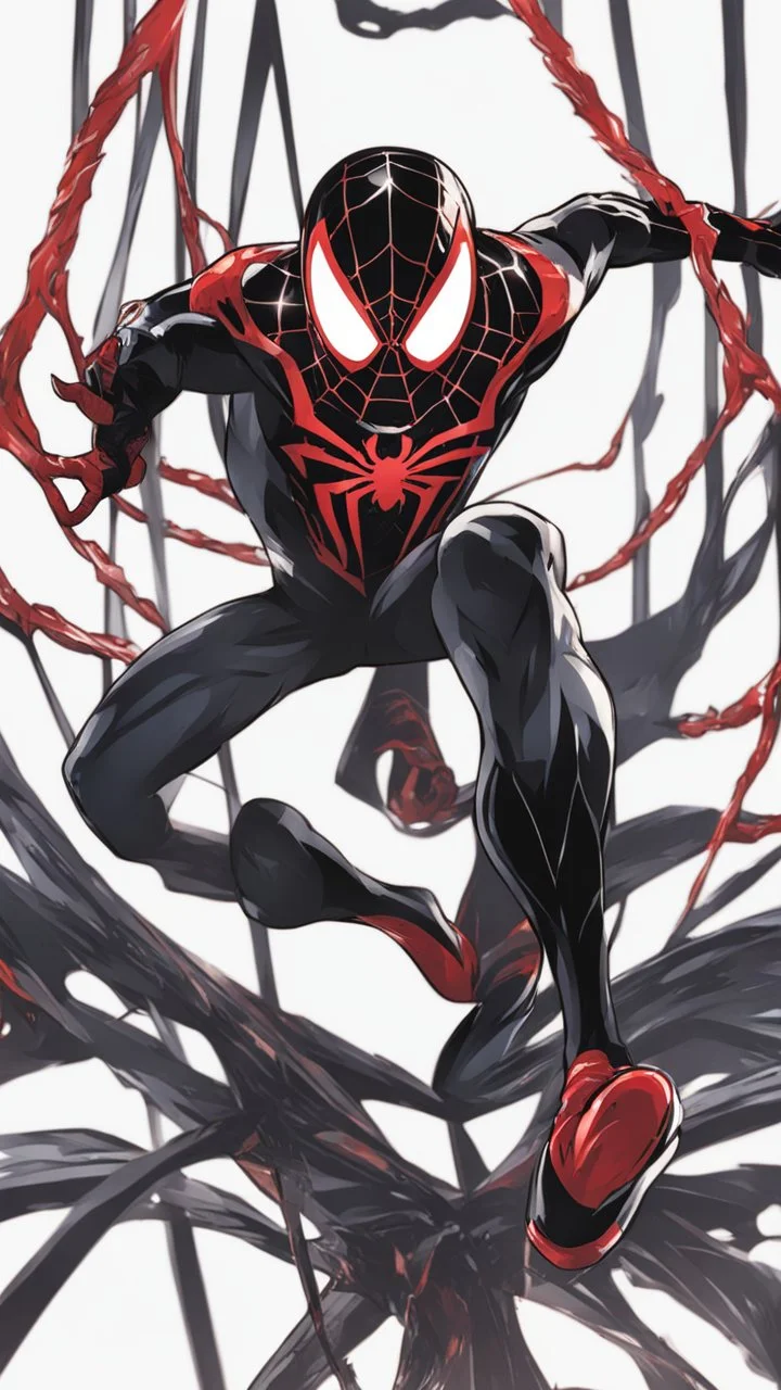 miles morales mix with venom symbiote in solo leveling shadow artstyle, demon lord them, intricate details, highly detailed, high details