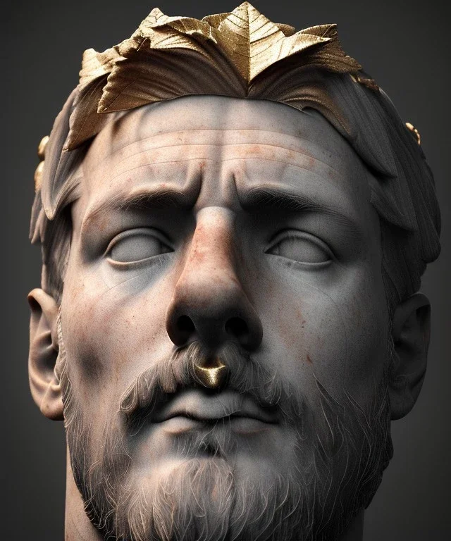 Gran angular, Realistic image, roman sculpture buste, marble deluxe material, Lionel Messi, gold Laurel leaves crown model, miguel angel style, emperador, God light, god rays, 4k resolution, smooth details, ornate details, soft lighting, unreal engine 5, soft cyan background.