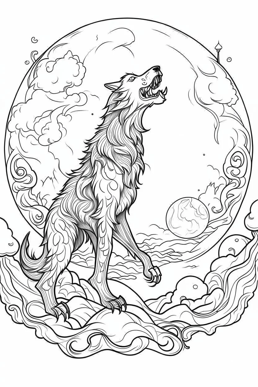 A werewolf howling at the moon while standing in a misty graveyard. Outline, sketch style, only use outline, mandala style, clean line art, white background, no shadows, no clear wall, coloring page.