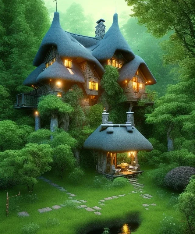 An idyllic scene of a house nestled in a dense forest. The house is small and quaint, with a thatched roof and wooden exterior. Smoke curls from the chimney, adding a touch of warmth and hominess to the image. The surrounding trees are tall and verdant, their leaves a deep shade of green. A gravel path leads up to the house, winding its way through the dense foliage. The overall atmosphere of the image is one of peaceful seclusion and natural beauty