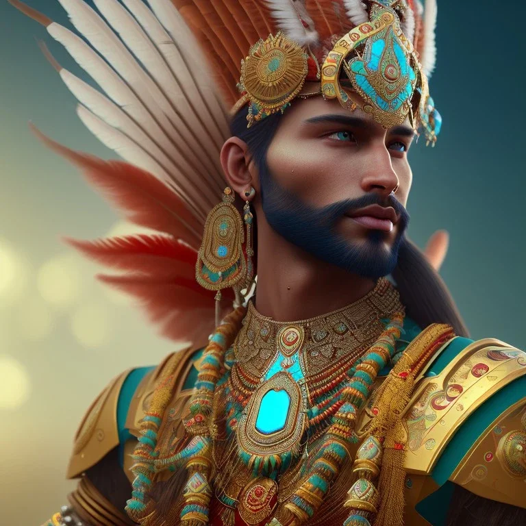 Indian male, red-foot, 12k, ultra high definition, finely tuned detail, unreal engine 5, octane render, ultra-realistic face, realistic headdress, detailed turquoise jewellery, detailed hair, detailed feathers, full-frame shot