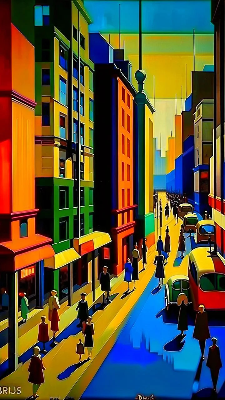 hustle and bustle in Berlin 1925; Bauhaus style, impasto, centered, ((excellent symmetry)), cinematic, dramatic, dynamic, ((great verticals)), ((great parallels)), excellent shadows, sharp shadows, (wild contrasts), (vivid bold colors)