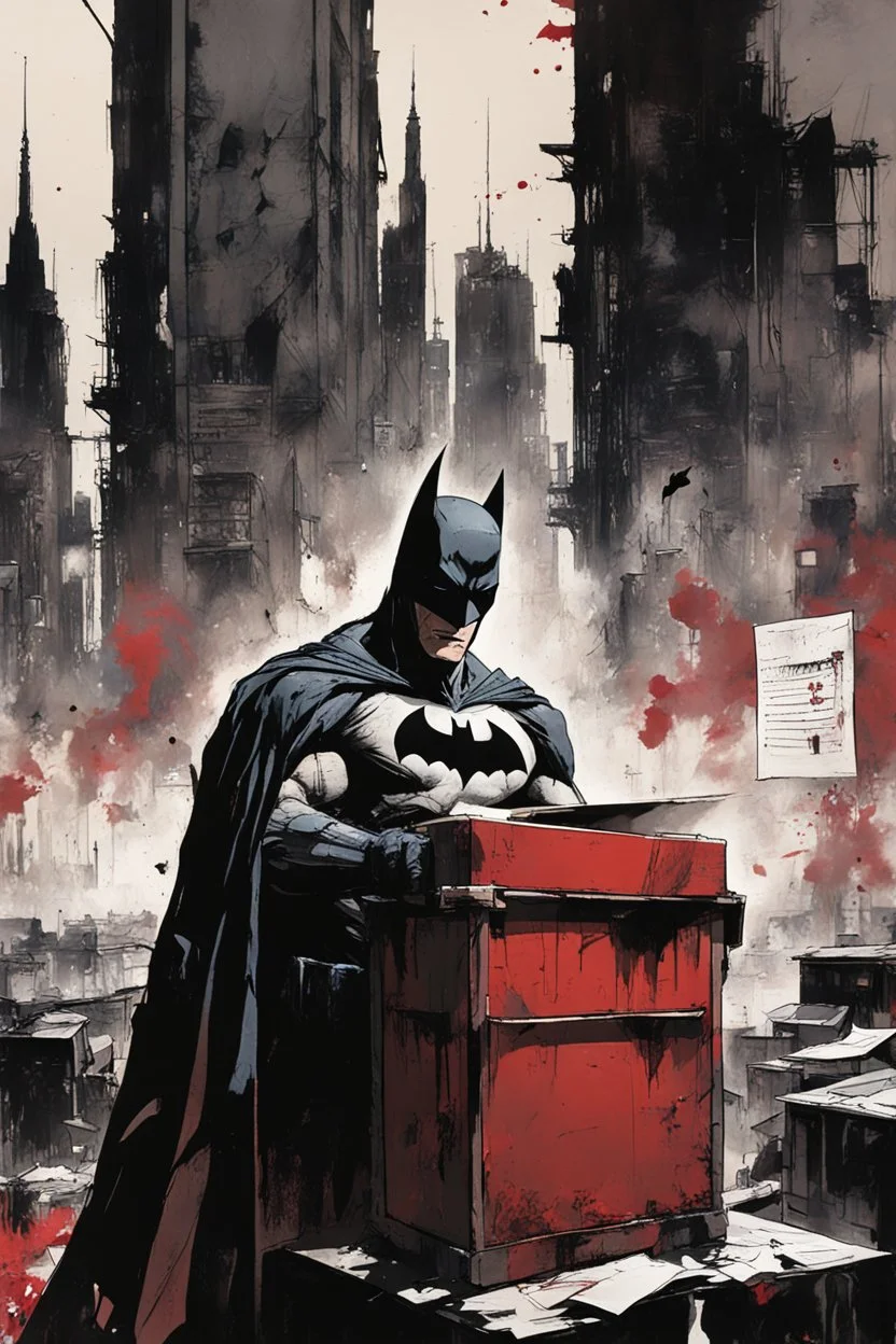 Batman leaving his vote in a voting box. behind post apocalyptic cityscape darkred tones, painting by Yoji Shinkawa,