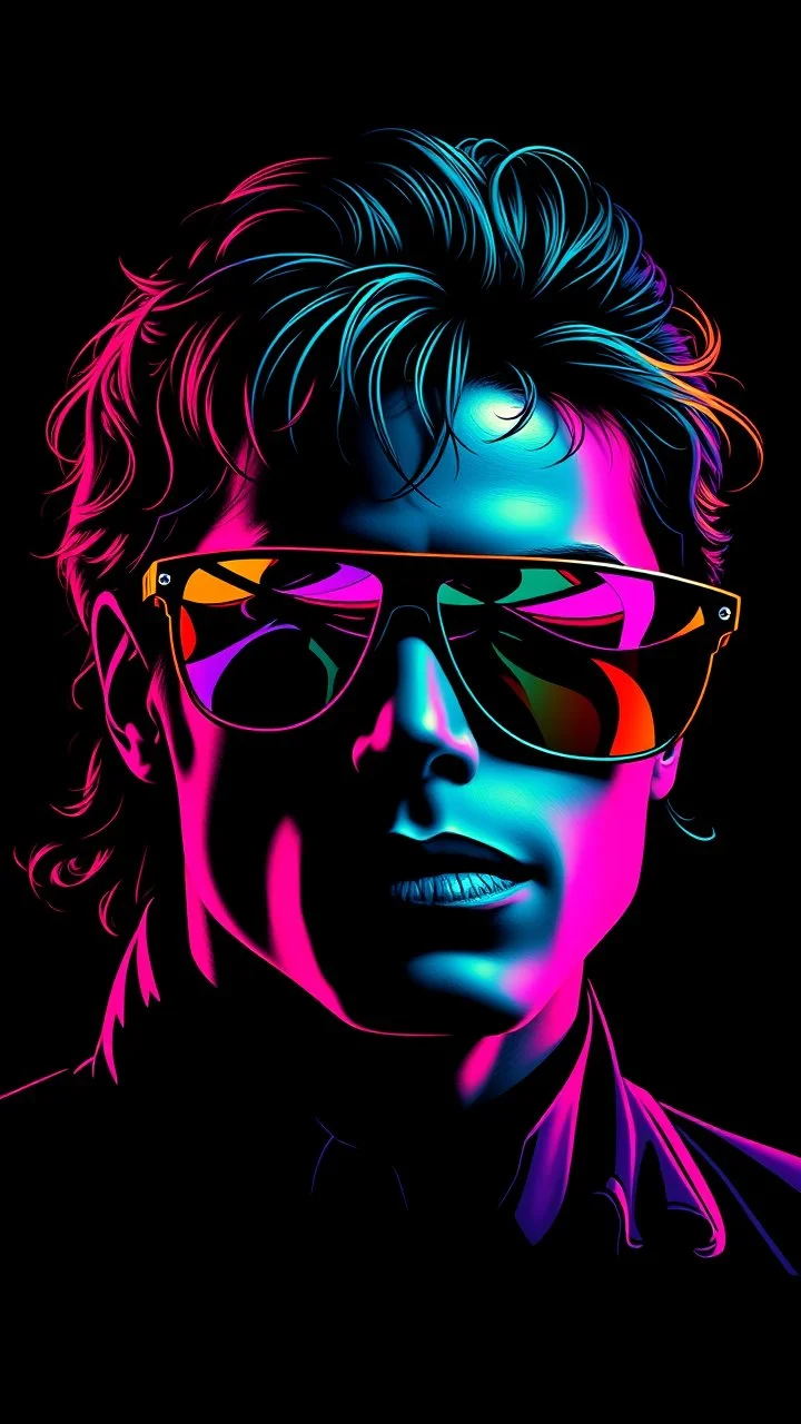 WPAP Pop art style Accurate Michael Jackson Sunglasses outside emboss 3d shiny cubis mirrors glass minimalist Neo Surrealisme Unique surrealistic artwork brutal multicolor neon colors,find details,UHD neons,black background