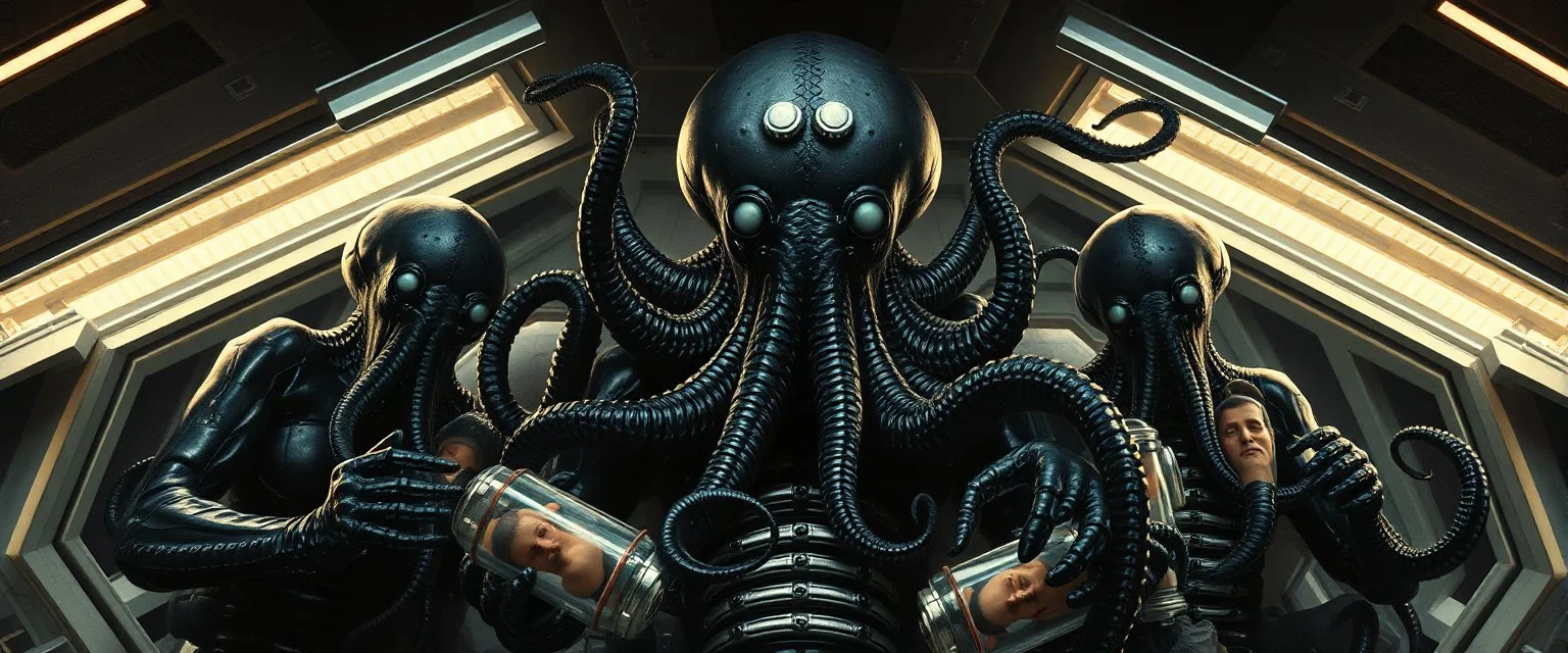 master oil painting by Rembrandt, black glistening slimy octopus insectoid hypnotic Nephilim tribe trauma watchers commando in spaceship with some scared humans in canisters, in the style of Giger, 3d anime