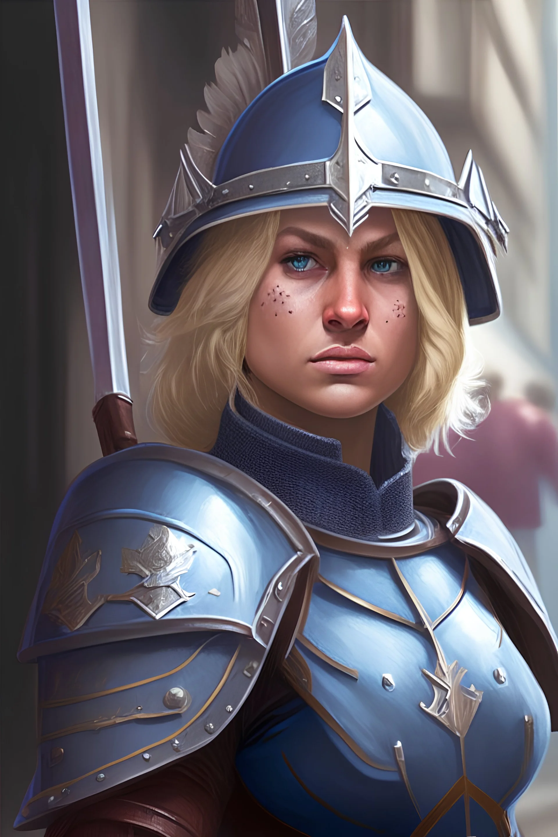 Female, city guard, blonde hairy, Blue eyes, helmet