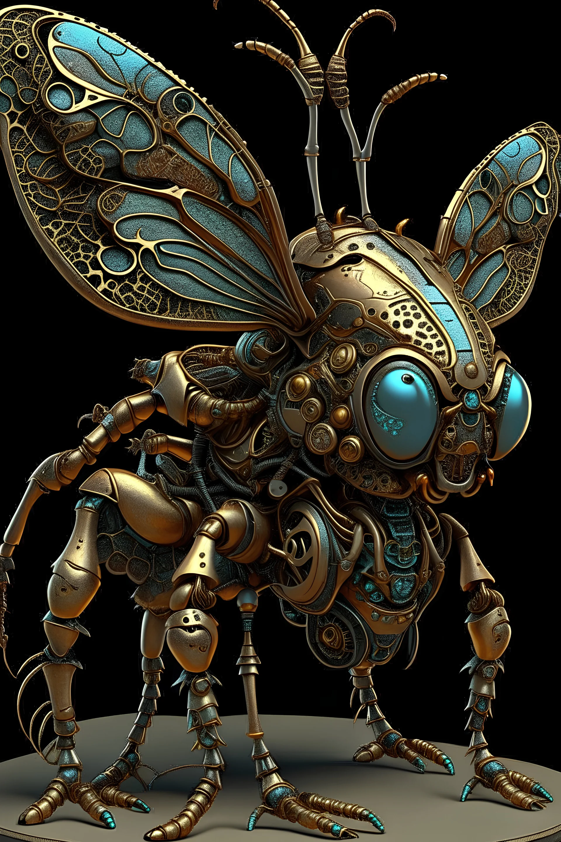 neon steampunk insect with kris kuksi sculpture style highly detailed objects, symmetric, front view, as trending in artstation, weird creature, dystopian, crisp detailed cogs and gear, jules verne, 3d rendered details, mad max, andrei kovbalev, fantasy art, human skin, dragon scales, complex gold or cooper ornaments, covered by many living tiny objects