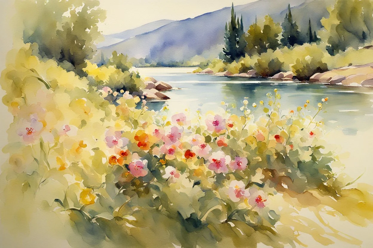 Sunny day, flowers, mountains, river, epic, john singer sargent watercolor paintings