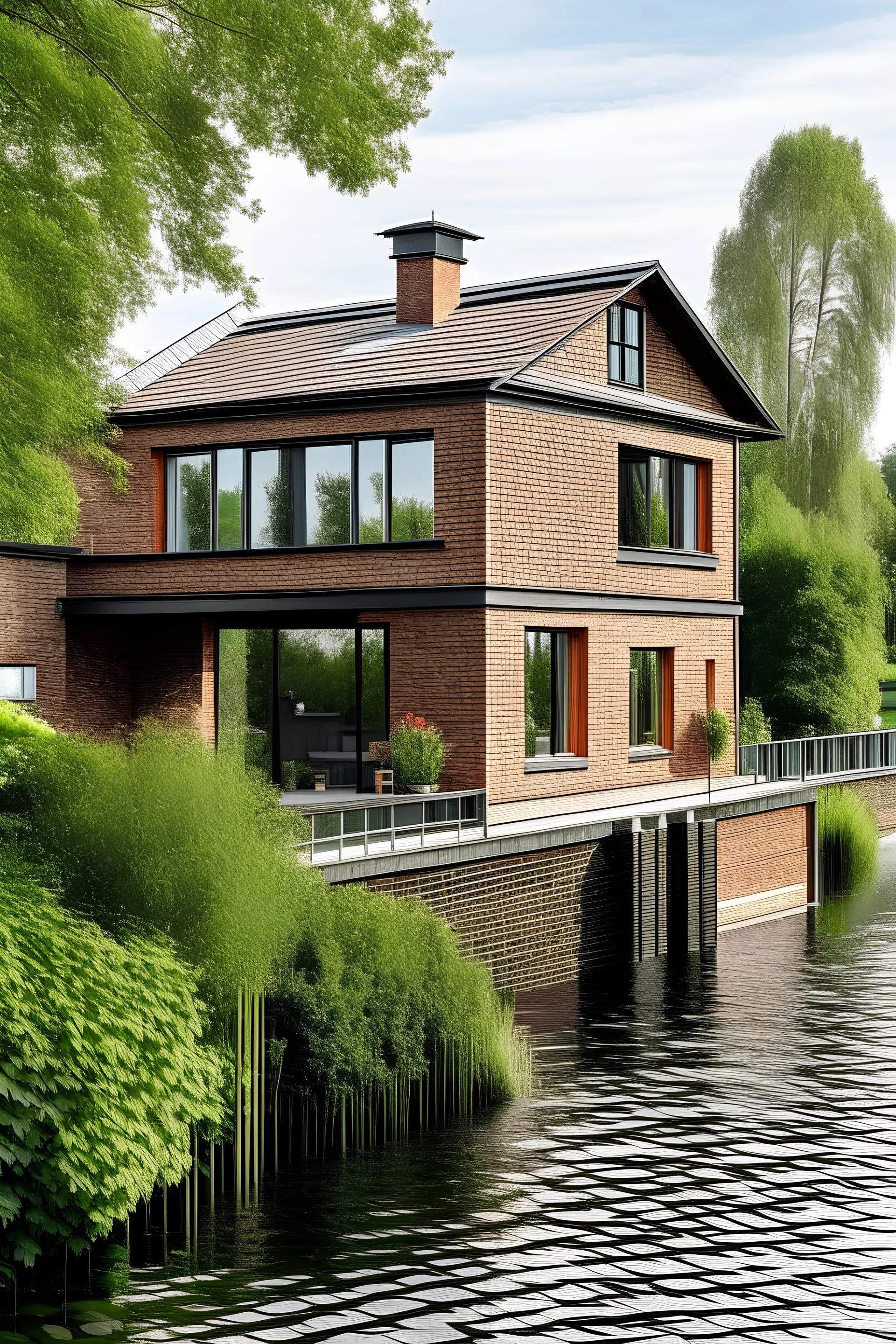 a two storey danish house next to a lake made from bricks and sloped roof, terrace in front and a balcony