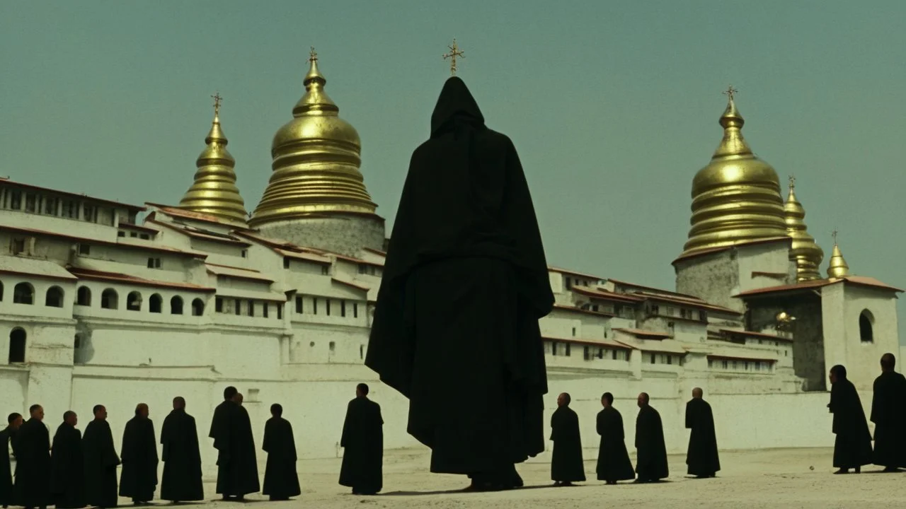 black robed monks standing before a massive monastery