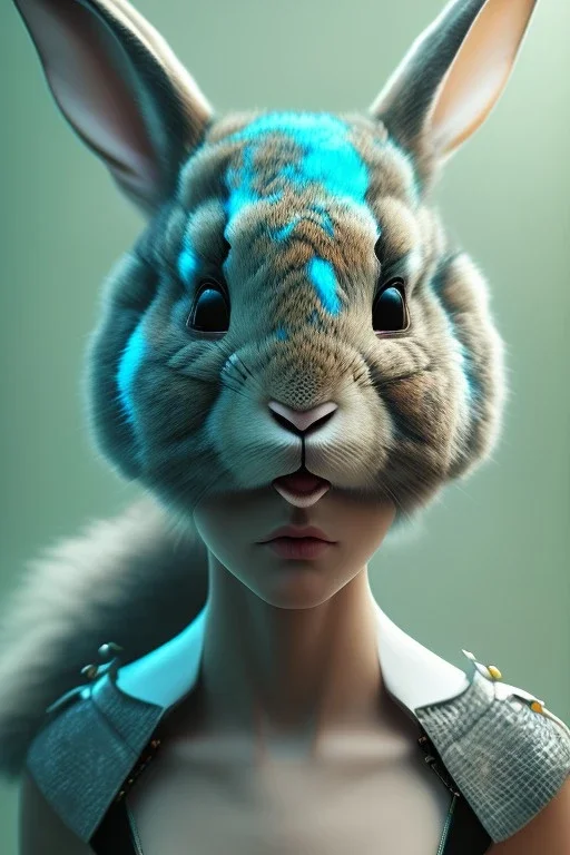 Portrait Sweet Rabbit ceramic mask, leaves, cyan suit, photo studio, black background, unreal engine 5, concept art, ray tracing, lumen lighting, ultra detail, volumetric lighting, 3d.